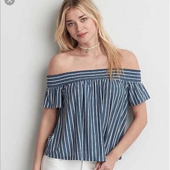 American Eagle Blue and White Striped Off Shoulder Smocked Crop Top Blouse - Picture 1 of 7